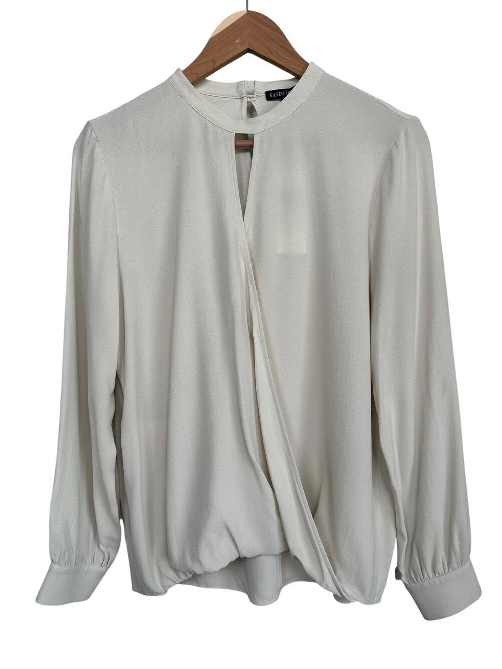 Eileen Fisher Women’s Bone Silk Georgette Crepe Mock Neck Top Drape Front S